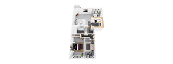 A top-down view of a modern apartment layout.