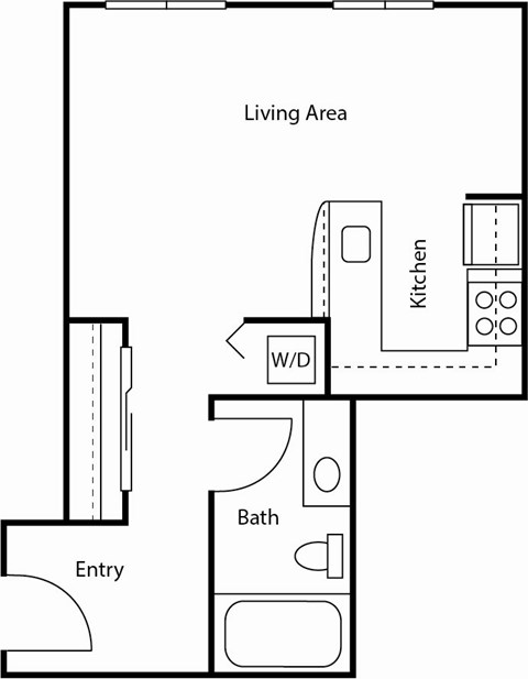 A floor plan of a small apartment with a living area, kitchen, bathroom, and entry.