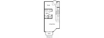 A floor plan of a house with a study, bath, and kitchen.