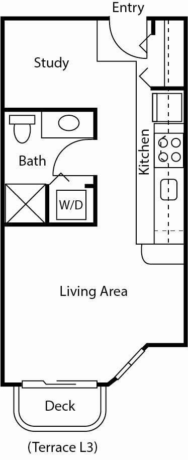A floor plan of a house with a study, bath, and kitchen.