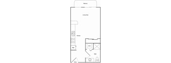 A floor plan of a house with a living area, kitchen, bathroom, and bedrooms.