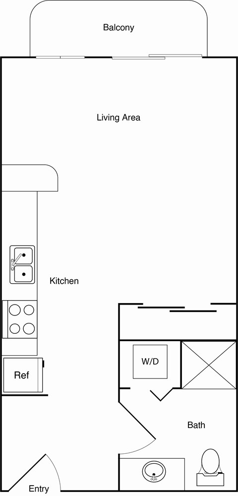 A floor plan of a house with a living area, kitchen, bathroom, and bedrooms.