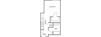 A floor plan of a house with a living area, kitchen, bath, and entry.