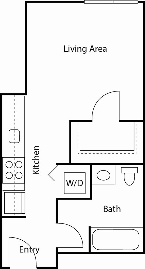 A floor plan of a house with a living area, kitchen, bath, and entry.