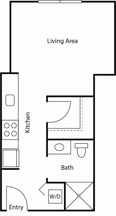 A floor plan of a home showing a living area, kitchen, bath, and entry.