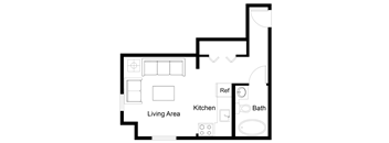 a floor plan of a living area with a bathroom and a kitchen