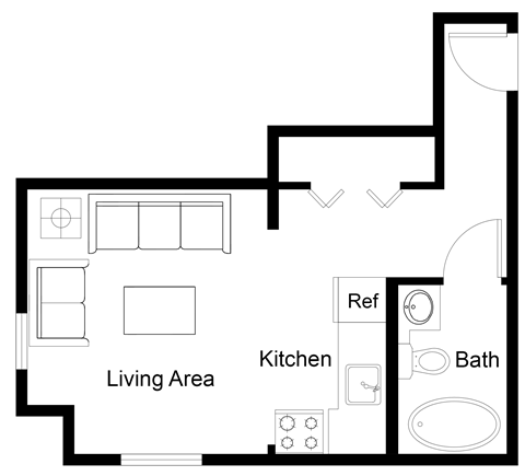 a floor plan of a living area with a bathroom and a kitchen