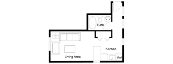 a floor plan of a living area with a bathroom and a kitchen