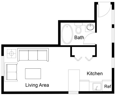 a floor plan of a living area with a bathroom and a kitchen