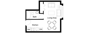 a floor plan of a small house with a living area and a kitchen