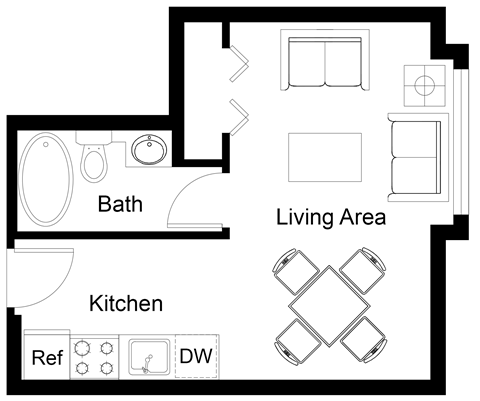 a floor plan of a small house with a living area and a kitchen
