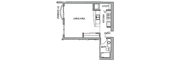 A floor plan of a small apartment with a living area, kitchen, bathroom, and entry.