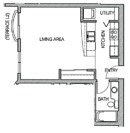 A floor plan of a small apartment with a living area, kitchen, bathroom, and entry.