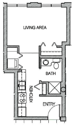 A floor plan of a small apartment with a living area, kitchen, bathroom, and entry.