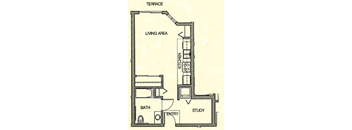 A drawing of a house layout with a living area, kitchen, bath, study, and entry.