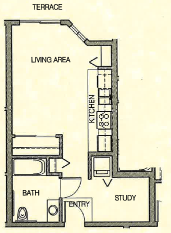 A drawing of a house layout with a living area, kitchen, bath, study, and entry.