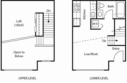A diagram shows a floor plan of an upper level with a loft and a lower level with a kitchen, living/work area, and bathroom.