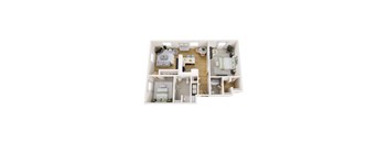 A white dollhouse with a kitchen, living room, and bedroom.