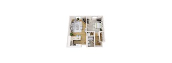 A top down view of a small apartment with a living room, kitchen, and bedroom.