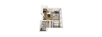 A top-down view of a small apartment with a kitchen, living room, and bathroom.