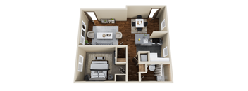 A top down view of a small apartment with a kitchen, living room, and bedroom.