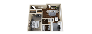 A top-down view of a small apartment with a living room, kitchen, and bathroom.