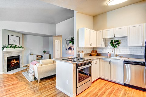 Everett Apartments=- The Lynx Kitchen with Stainless Steel Appliances at The Lynx Apartments, Everett, WA