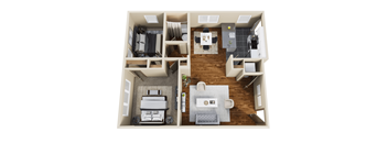 A top down view of a small apartment with a bedroom, living room, and kitchen.