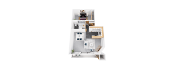 A floor plan of a house with a living room, kitchen, dining room, and bathroom.