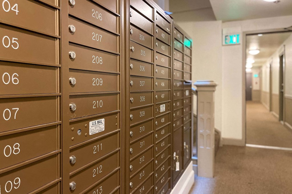 A series of brown mailboxes numbered from 04 to 09 and 206 to 213. at Zindorf, Seattle, WA