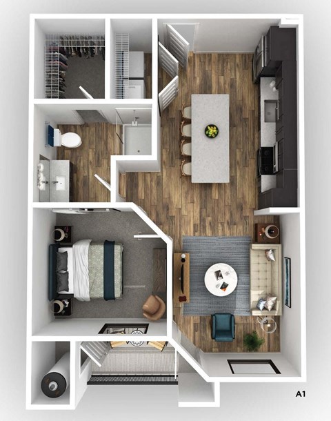 a 3d floor plan of a bedroom with a wood floor