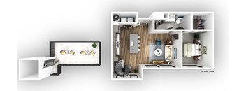 the room is divided into sections with a bedroom and a bathroom