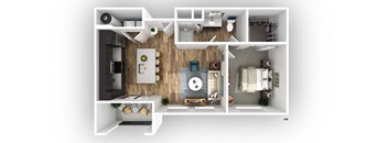a stylized floor plan with a bedroom and a living room