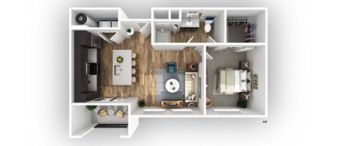 a stylized floor plan with a bedroom and a living room