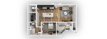 the floorplan of a 1 bedroom unit with a wood floor