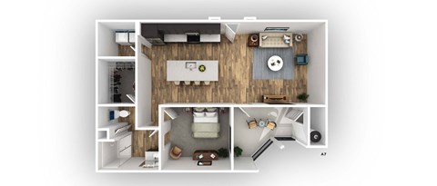 the floorplan of a 1 bedroom unit with a wood floor