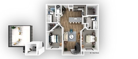 a 3 bedroom floor plan is shown in this rendering