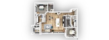 a 3d floor plan of a house with a bedroom and a living room