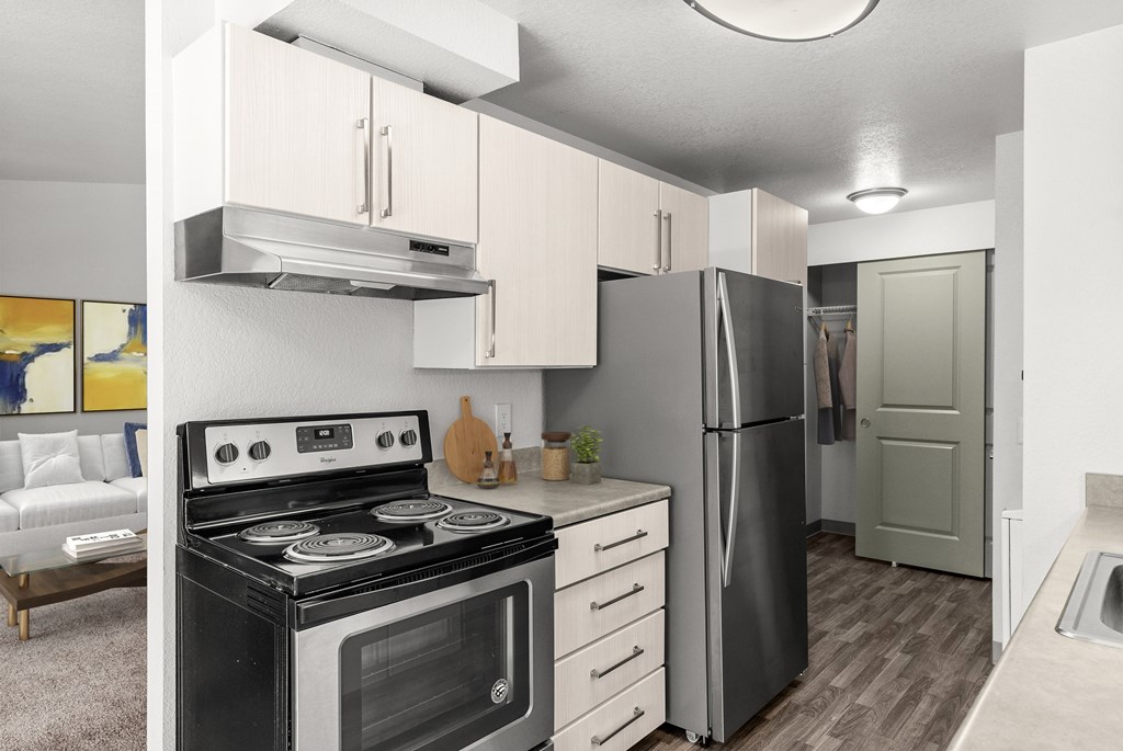 A modern kitchen with a black stove and a black refrigerator.