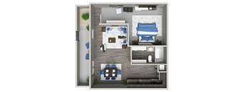 A 3D floor plan of a small apartment with a bedroom, living room, and kitchen.