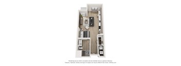 A floor plan of a small apartment with a kitchen, living room, and bathroom.