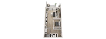 A top-down view of a small, neatly organized apartment with a kitchen, living room, and bathroom.