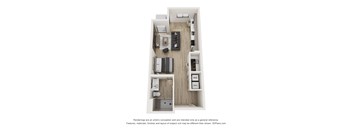 A floor plan of a small apartment with a kitchen, living room, and bathroom.