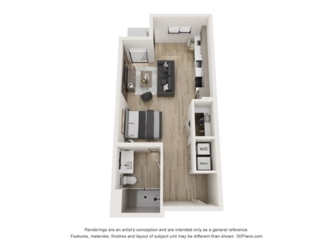 A floor plan of a small apartment with a kitchen, living room, and bathroom.