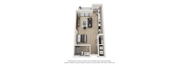 A 3D floor plan of a small apartment with a kitchen, living room, and bathroom.