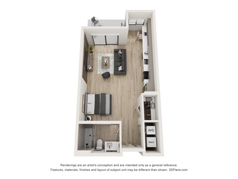 A 3D floor plan of a small apartment with a kitchen, living room, and bathroom.