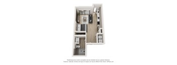 A 3D floor plan of a small apartment with a kitchen, living room, and bathroom.