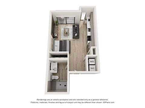 A 3D floor plan of a small apartment with a kitchen, living room, and bathroom.