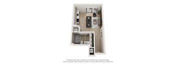A 3D floor plan of a small apartment with a kitchen, living room, and bathroom.