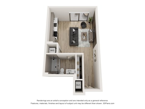 A 3D floor plan of a small apartment with a kitchen, living room, and bathroom.